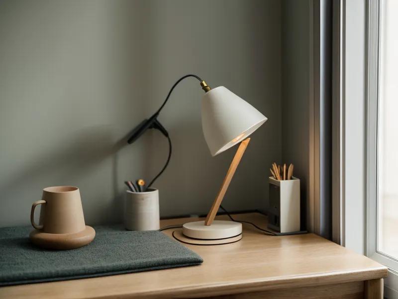 Une main ajustant l'intensité lumineuse dans un bureau calme et ordonné.