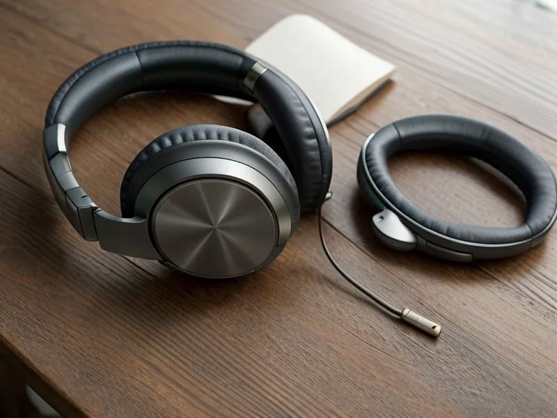 Casque à réduction de bruit posé sur un bureau en bois à côté d'un carnet