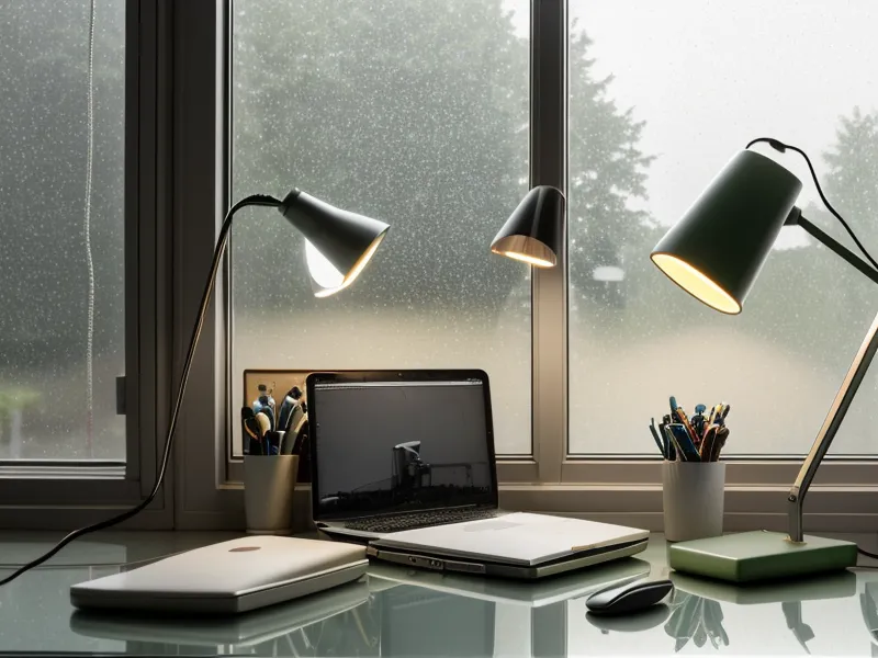 Lampe de bureau moderne diffusant une lumière douce sur un plan de travail propre