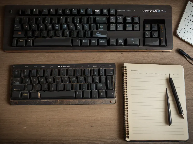 Gros plan d'un clavier de bureau et d'un bloc-notes sous une lampe de bureau