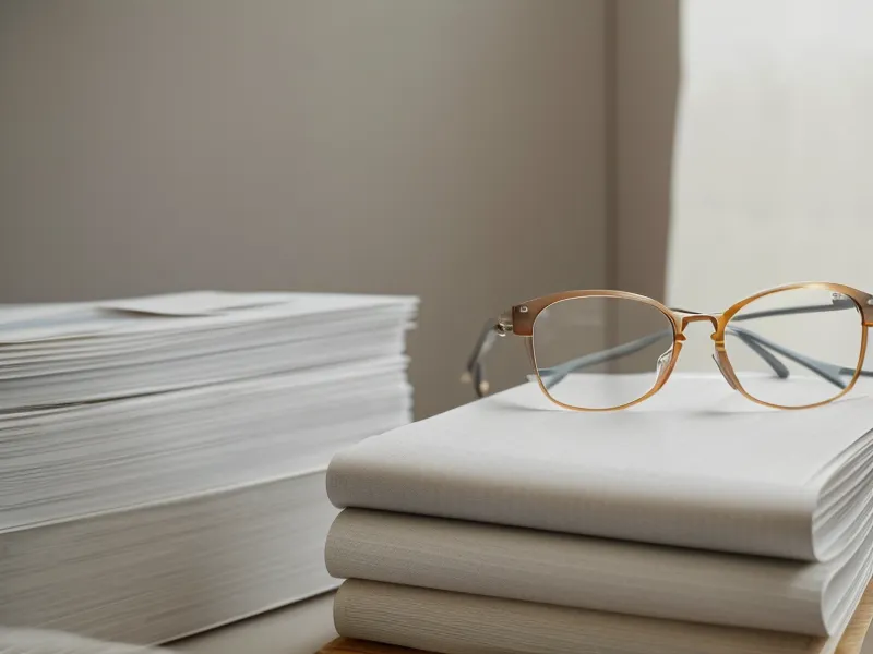 Paire de lunettes posée sur des dossiers comptables dans une ambiance calme