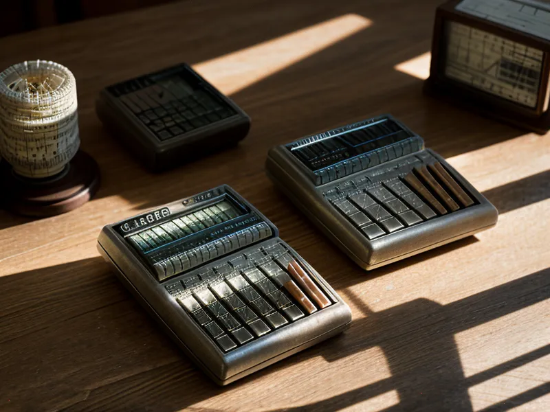 Gros plan sur une calculatrice et des registres comptables sur un bureau en bois.