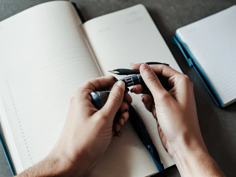 Une main tenant un stylo plume au-dessus d'une liste de pour et contre dans un carnet.