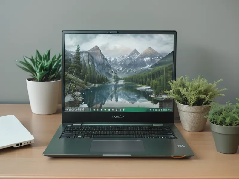 Ordinateur portable sur un bureau épuré avec une petite plante verte.