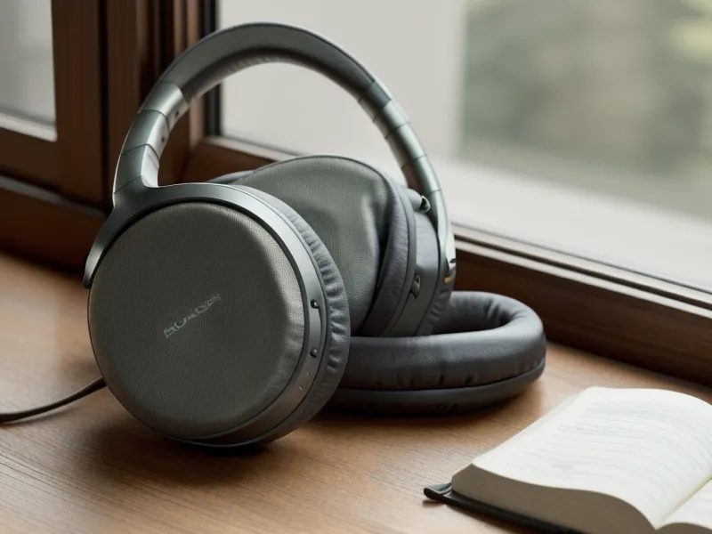 Casque antibruit posé sur un bureau en bois à côté d'un carnet de notes.