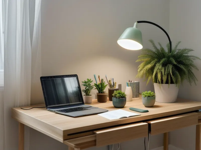 Lampe de bureau diffusant une lumière douce sur un espace de travail ordonné avec une plante.
