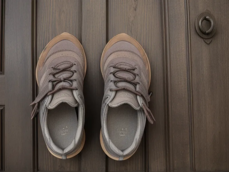 Paire de chaussures de marche près d'une porte, évoquant une pause décompression en extérieur.