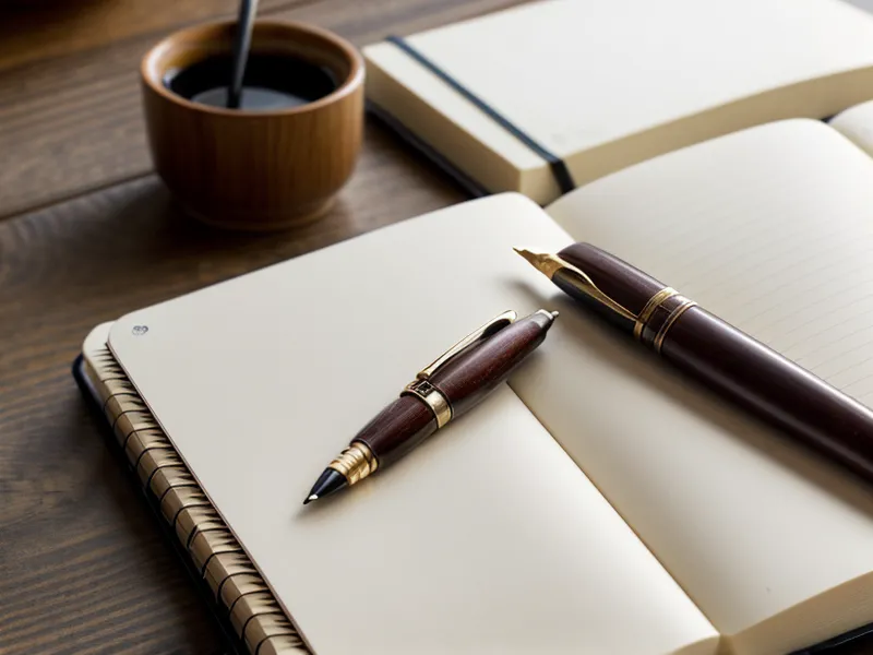 Carnet de notes et stylo plume sur un bureau en bois, image de la rigueur et de la gestion de l'énergie au travail
