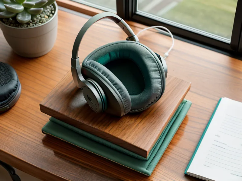 Casque audio posé sur des dossiers de travail, outil de bien-être au bureau pour canaliser l'hypersensibilité