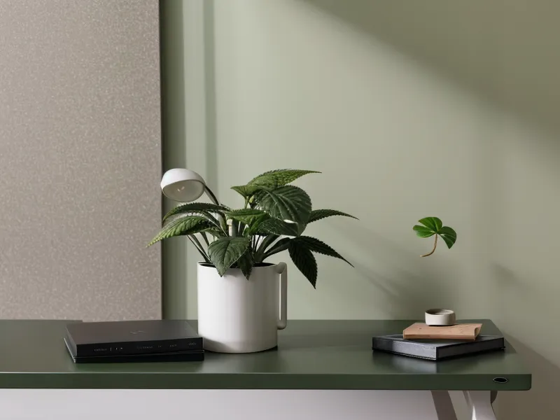Petite plante verte sur un bureau minimaliste devant une fenêtre sous la pluie.