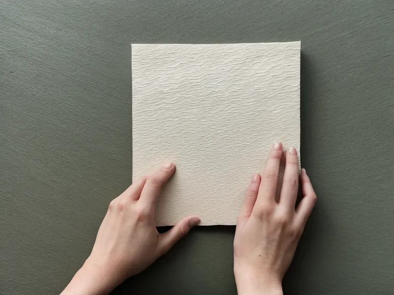 Gros plan de mains touchant avec hésitation une pile de papier recyclé rugueux