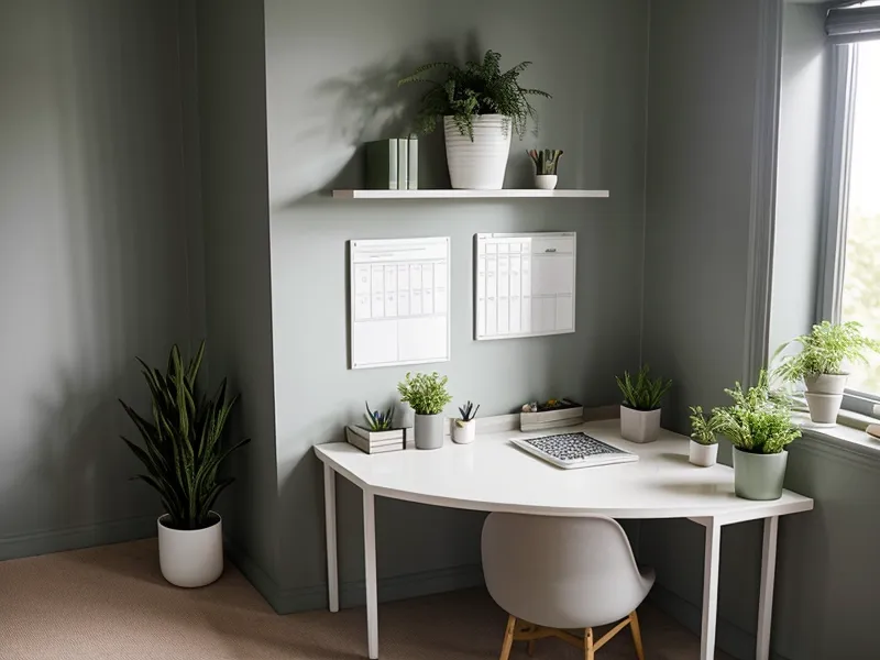 Coin bureau minimaliste avec plante verte et ordinateur portable dans une ambiance sereine