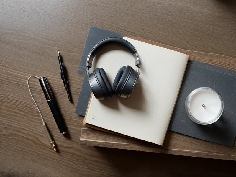 Casque audio reposant sur un bureau en bois à côté d'un verre d'eau