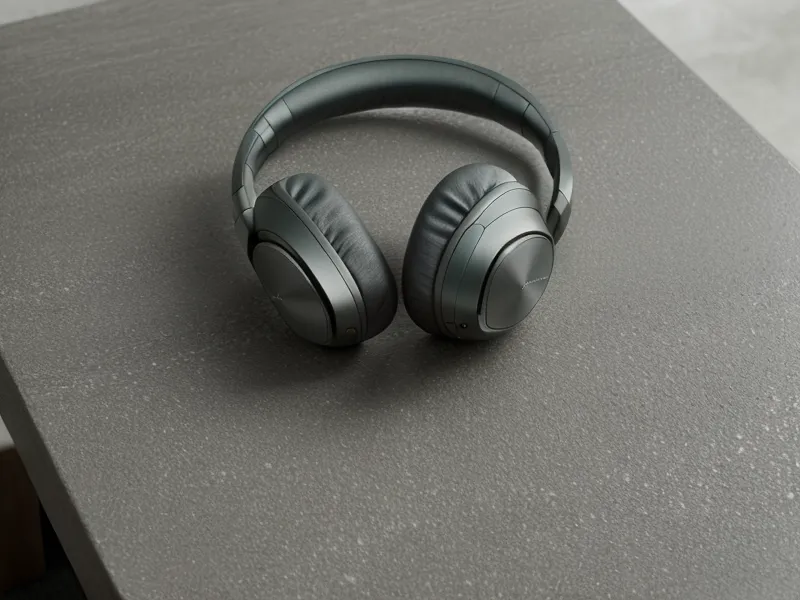 Casque anti-bruit posé sur un bureau en bois à côté d'un carnet de notes.