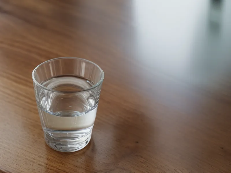 Vue floue d'un bureau en open space avec un verre d'eau au premier plan.