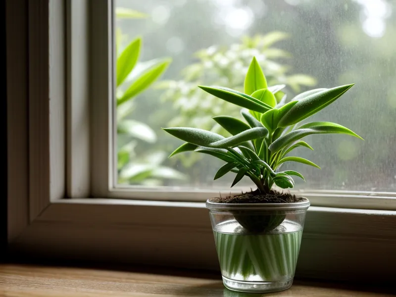Petite plante verte sur le rebord d'une fenêtre baignée de lumière douce.