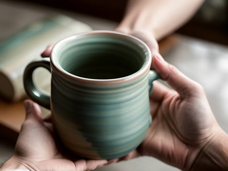 Main tenant une tasse de café chaud devant une bibliothèque bien rangée.