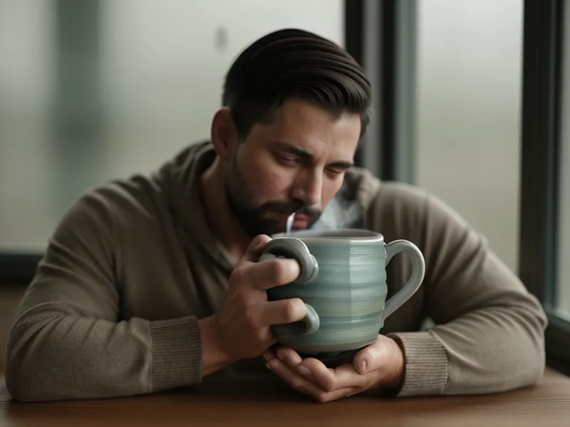 Main d'homme touchant un objet d'ancrage lisse sur un bureau pour se calmer