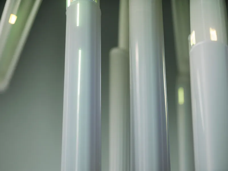 Gros plan d'un tube fluorescent de bureau montrant l'éclairage industriel froid typique.