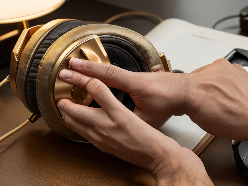 Main ajustant un casque audio dans un environnement de bureau calme