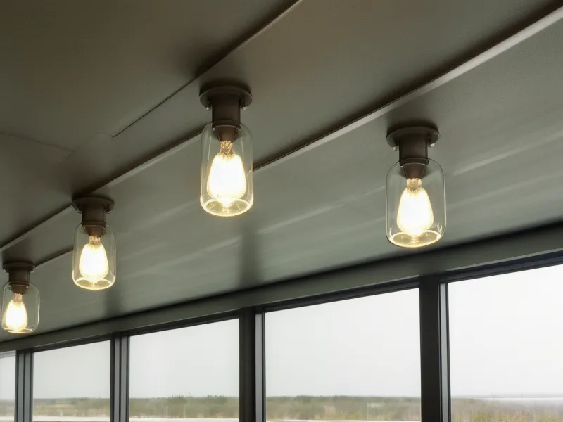Gros plan sur le reflet d'une salle de réunion vitrée avec une lumière de plafond floue.