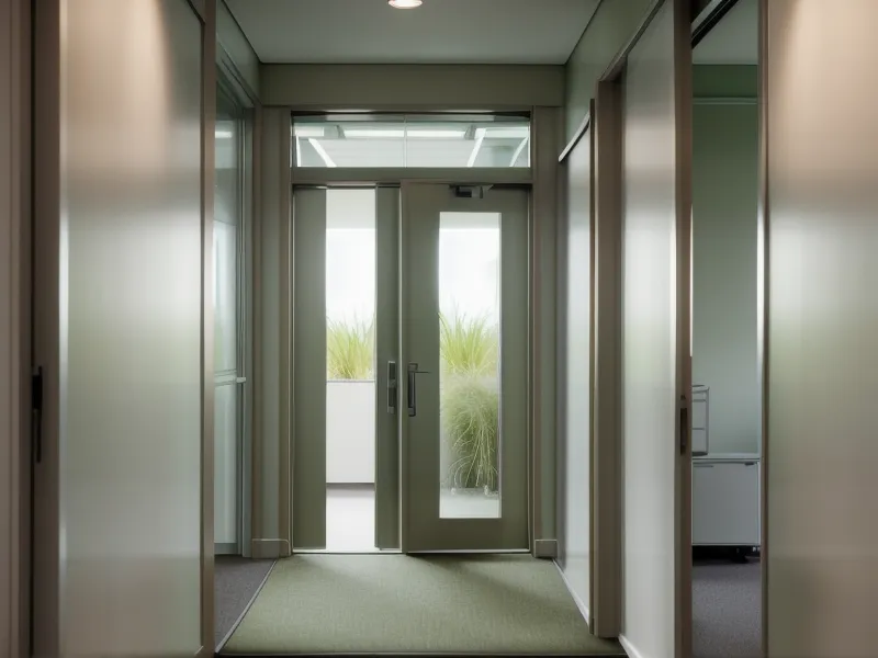 Vue d'un couloir de bureau calme à travers une porte vitrée.