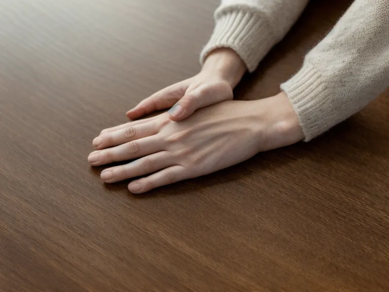 Mains posées à plat sur un bureau pour reprendre son calme au travail