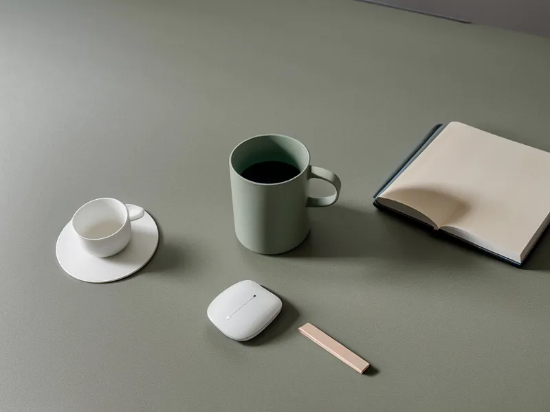 Bureau épuré avec carnet fermé et tasse de café, image de limites professionnelles et d'énergie préservée au quotidien