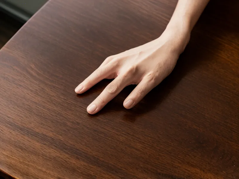 Main posée sur une table en bois à côté d'un verre d'eau