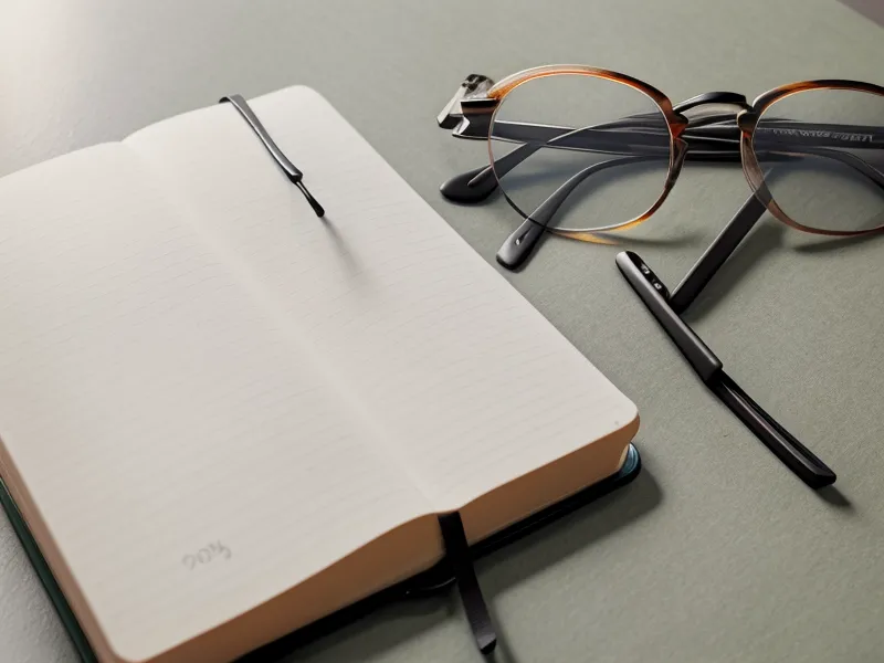 Paire de lunettes posée sur un carnet fermé dans une lumière douce