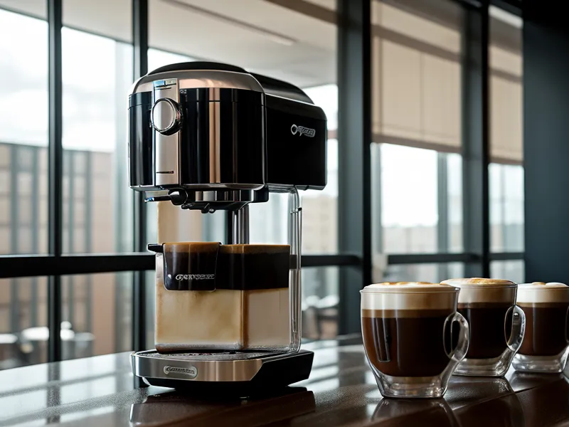 Gros plan d'une machine à café de bureau symbolisant le bruit en open space.