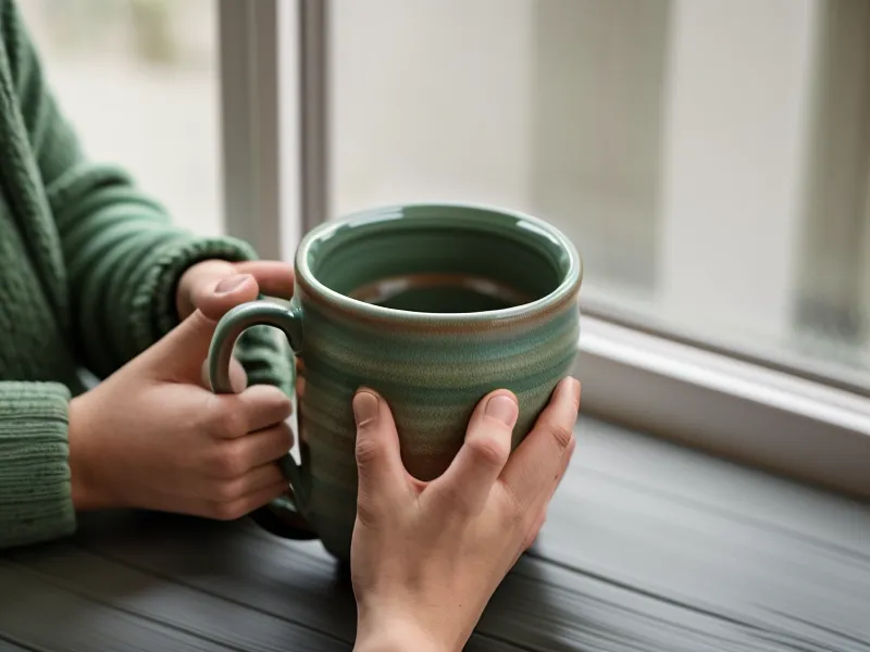 Tasse de café froid oubliée sur un bureau partagé, symbole du sentiment d'illégitimité et de la fatigue sensorielle chez une personne hypersensible
